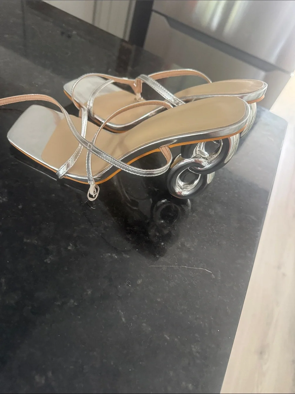 Silver Sculptural-Strap Heeled Sandals